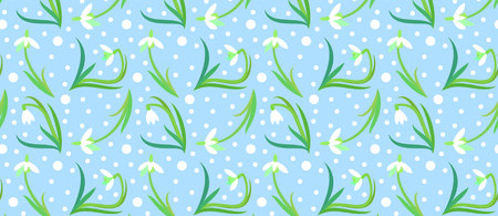 pattern with delicate white wildflowers and circles. Snowdrop or common snowdrop Galanthus nivalis flowers. vector illustrationのイラスト素材