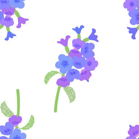 pattern with Pulmonaria flowers. Pulmonaria lungwort flowers. different shades of violet in one inflorescence.のイラスト素材