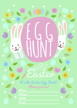 2 rabbits look out for a big egg.Easter invitations templates with eggs, flowers, floral frames, rabbit and typographic design. Happy Easter Egg Huntのイラスト素材