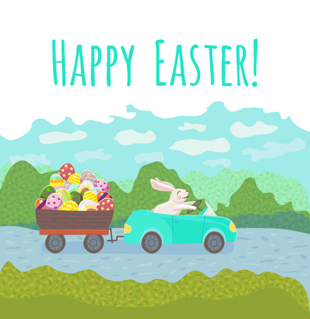Happy bunny is driving the blue car and drag the egg basket with multicolor eggs on the park in spring season. happy Easter rabbitのイラスト素材