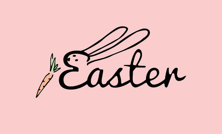 Easter inscription with face and ears bunny and carrot. black lettering and hand drawn elements on pink backgroundのイラスト素材