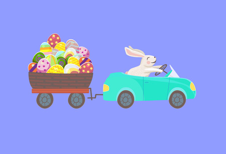Happy bunny is driving the blue car and drag the egg basket with multicolor eggs on violet background. happy easter rabbitのイラスト素材