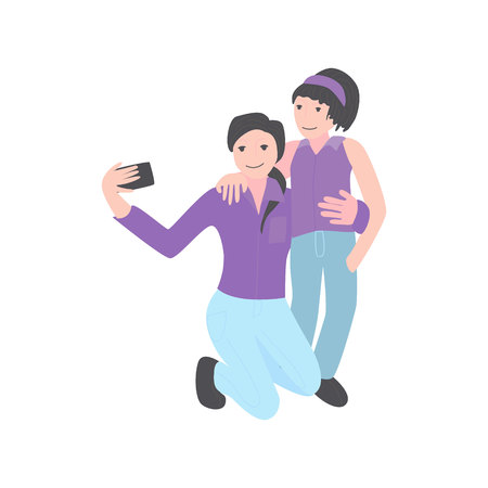 mother and daughter making selfie together with pink shirt and blue jeans. girl and her mom are doing selfie using a smart phone. Mother's day. Isolated vector illustration.のイラスト素材