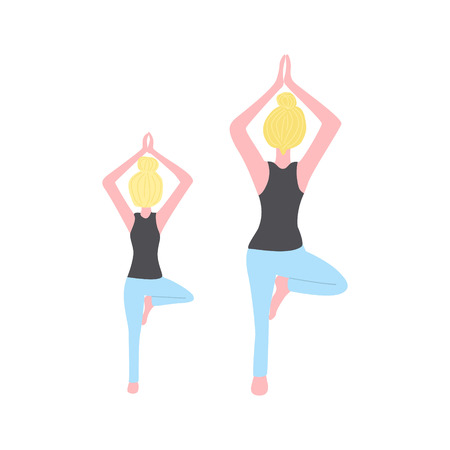 mother with daughter doing yoga exercise. Girl and mom in sportswear. Happy family. Family yoga vector illustration. Cartoon flat vector designのイラスト素材