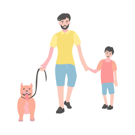 Dad and his son are walking the dog. A man with a little boy goes and holds a leash with a dog. Flat vector illustration.のイラスト素材
