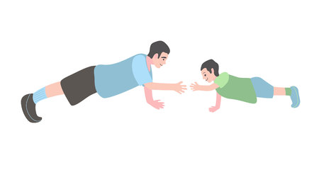 son with his father doing an exercise. Little boy and man pushing up. Flat vector illustration.のイラスト素材
