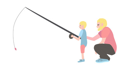 dad teaches to fish his son. A man with a little boy is sitting. Flat vector illustration.のイラスト素材