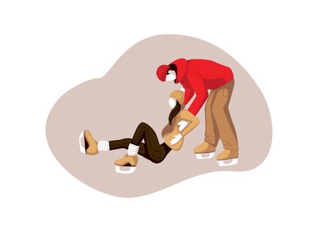 Young Man and Woman Skating on Ice rink. Man helping girl to stand on the ice rink outdoors.のイラスト素材