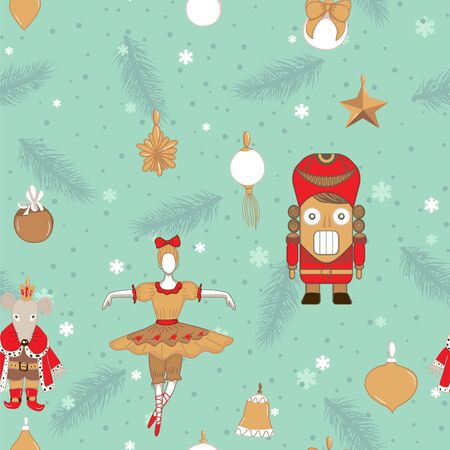 Christmas patterns in winter style with nutcracker, princess, Mouse King, snowflakes, tree.のイラスト素材