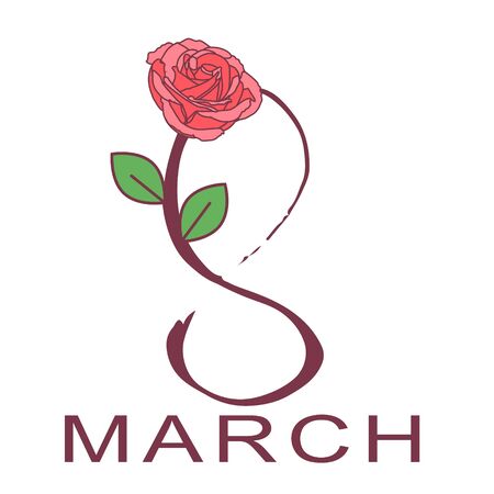 Happy Women's day card with cute single rose. pink rose with green leaves on a long green stem on a white backgroundのイラスト素材