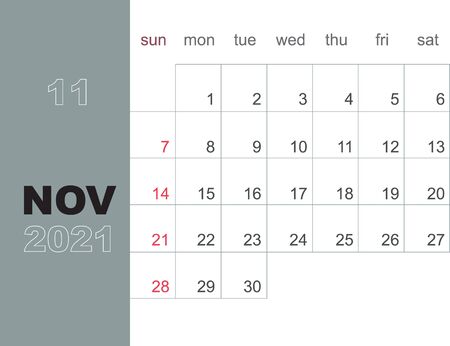 November 2021. Calendar planner design template. Week starts on Sunday. Stationery design. Vector Illustrationのイラスト素材