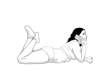 person with a smartphone on a bed. Woman using a mobile phone. black line on white background.のイラスト素材