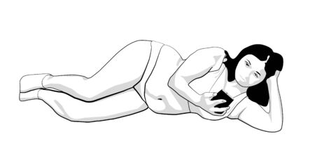 Lovely plus size sportswoman using her smart phone at the gym. obese woman using a mobile phone. black line on white backgroundのイラスト素材