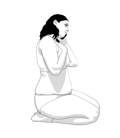 Illustration of a Caucasian fat woman speaking on a mobile phone while sitting. black line on white backgroundのイラスト素材