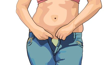 Women with fat belly. fat woman with big belly trying to wear tight jeans,overweight or diet concept backgroundのイラスト素材