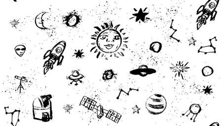 Outer Space Doodle pattern. Hand drawn vector illustration set of space iconのイラスト素材