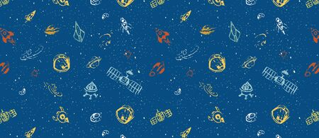 Outer Space Doodle pattern. Hand drawn vector illustration set of space iconのイラスト素材