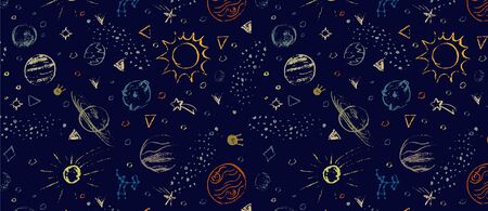 Hand drawn vector pattern with set of planets, stars, circles, triangles.のイラスト素材