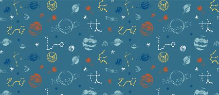 Hand drawn vector pattern with set of circular planets and stars,のイラスト素材