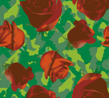 Fashionable camouflage pattern with red roses with greenのイラスト素材