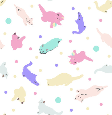 Beautiful pattern with playing cats. Multicolors cats with balls on blue backgroundのイラスト素材