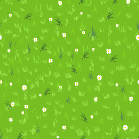 Cartoon grass with small flowers daisy and marigold. Grass field, background, textureのイラスト素材