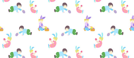 pattern with little boy and girl in different poses in pastel colorsのイラスト素材