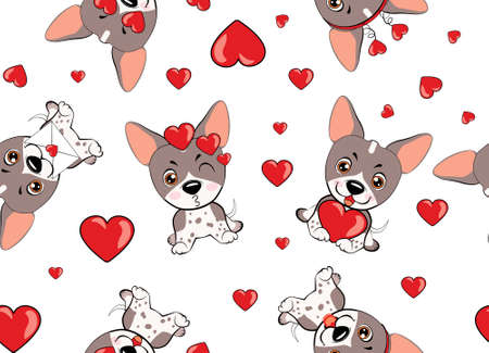 A pattern with small brown dogs with red hearts on a white background.のイラスト素材