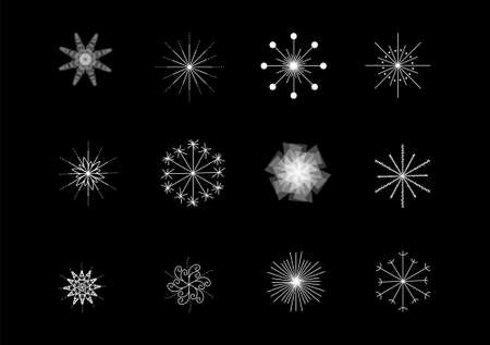 set of snowflakes of different shapes on blackのイラスト素材