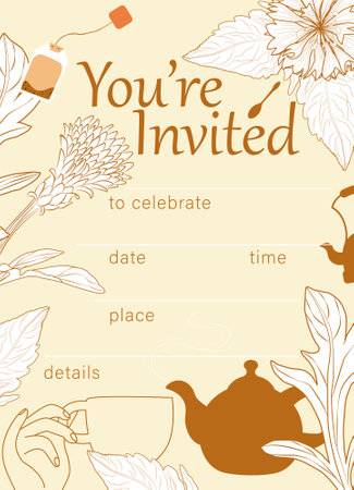 Tea party invitation template. Cornflowers, hand with a mug, teapot, tea bag.のイラスト素材