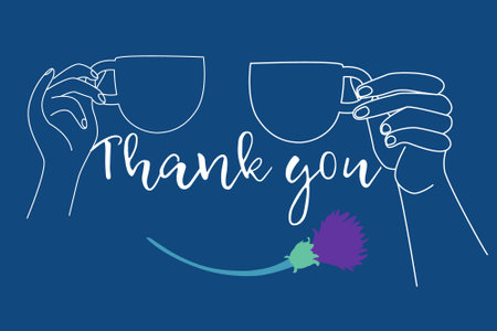 Thank you card with hand is holding a mug and Cornflower