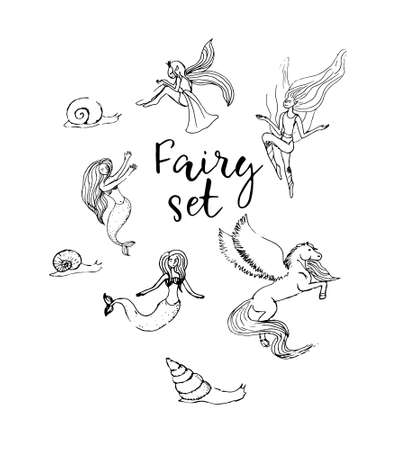 Set of Mythological animals. mermaids, fairies, pegasus, snailsのイラスト素材