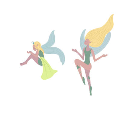 Cute Fairy set. Funny winged elf princesses in cartoon style. Vector illustrationのイラスト素材