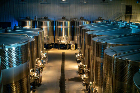 Industrial interior of a winery with tanks for fermentation.
