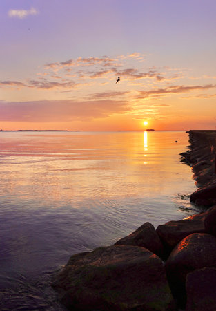 Sunset on the coast of the Baltic sea in summer. Captured in Pirita, Tallinn, Estonia during the White Nights season.の写真素材