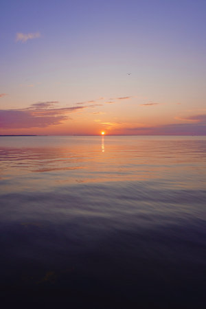 Summer sunset over the Baltic Sea with natural orange-pink gradient sky.  Captured in Pirita, Tallinn, Estonia during the White Nights season.の写真素材