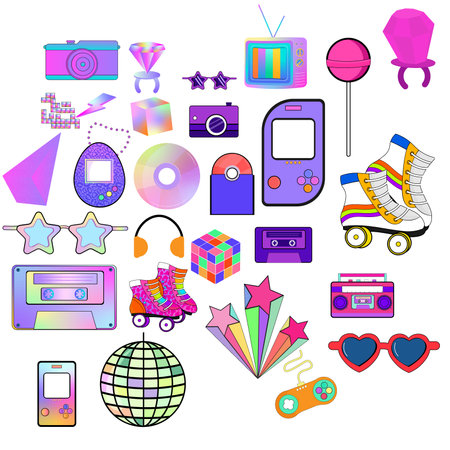 Set of 80s and 90s style objects. Vector illustration.のイラスト素材