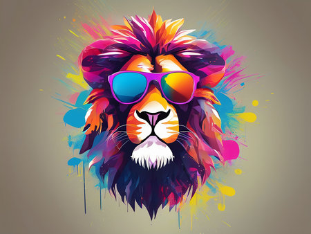 Lion with sunglasses in neon colors splash . generative aiの素材