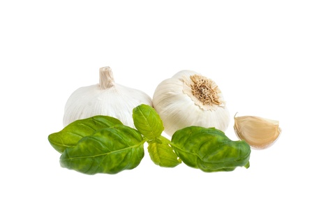 Garlic, basil shot on a white background.の写真素材