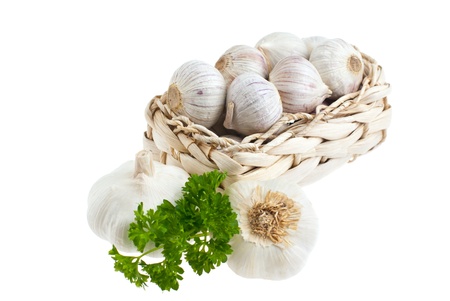 Garlic, parsley shot on a white background.の写真素材