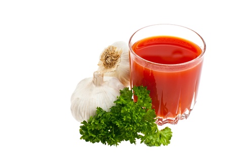 Tomato juice, garlic, parsley, shot on a white background.の写真素材