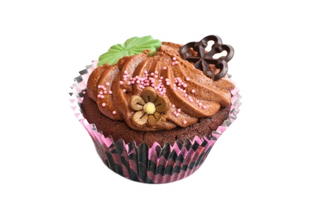 Chocolate muffin shot on a white background の写真素材