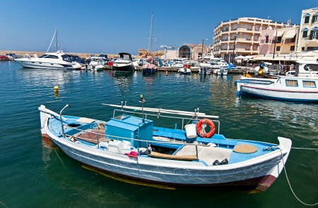 Greek fishing boat moored in the port city of Chania  Crete の写真素材