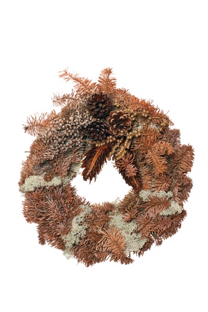 Christmas wreath made of spruce cones and twigs  Isolated on white の写真素材