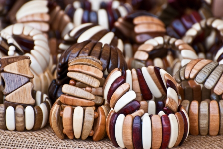Wooden bracelets handmade in the central market of the city of Helsinki の写真素材