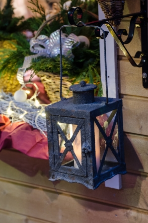 Christmas lantern with a candle before the New Year の写真素材