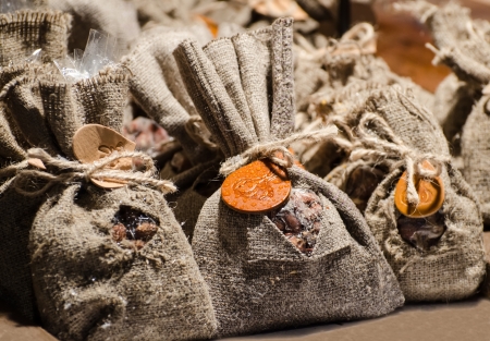 Christmas bags with sweet nuts の写真素材