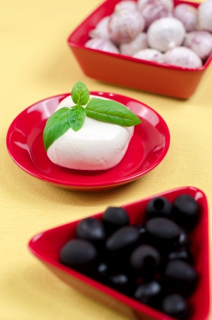 Italian mozzarella cheese with basil on a plate の写真素材