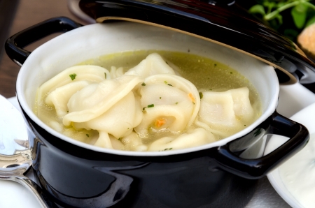 Meat pelmeni with sour creamの写真素材