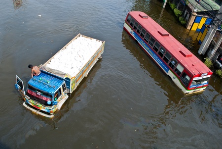 The bus on the flooding ,Bangkok Flooding 